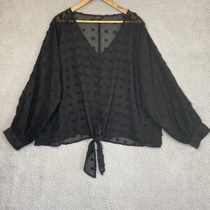 Black Whimsigoth Fairy Grunge 3XL Sheer Polka Dot Textured Peasant VNeck Blouse